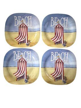 Evergreen Beach Themed Melamine Plates Set of 4 Coastal Cabana Nautical 11”
